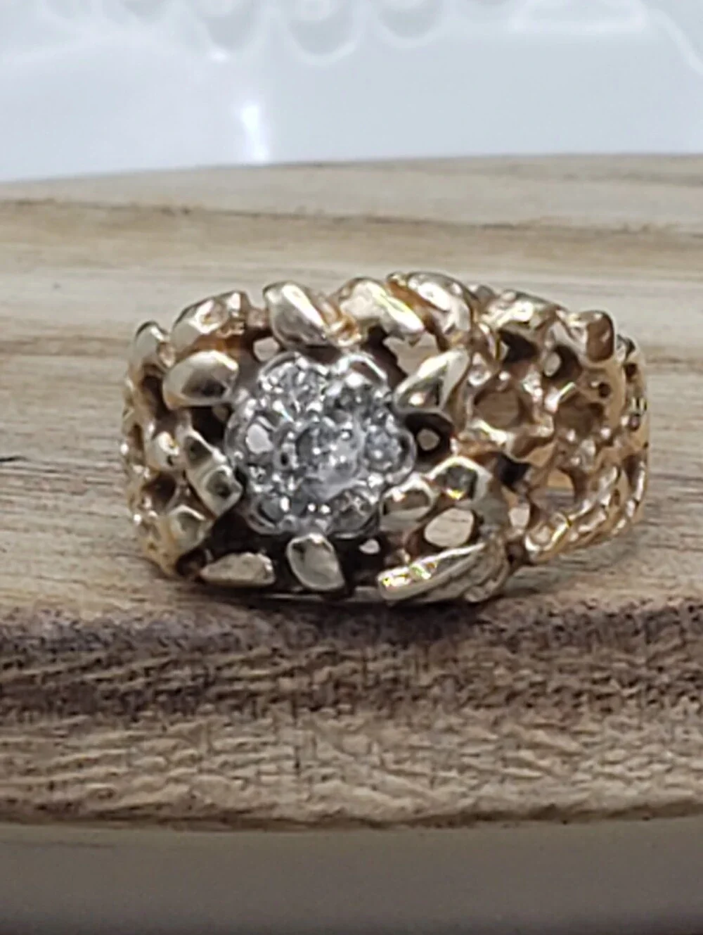 10k Gold Mens Nugget Ring w/ 7 Diamonds Cluster Vintage Neo Classic Luxury 6